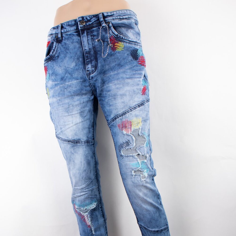 Born Fly Skinny Patch 34 X 31 Men's Denim Jeans Medium Wash Zip Fly